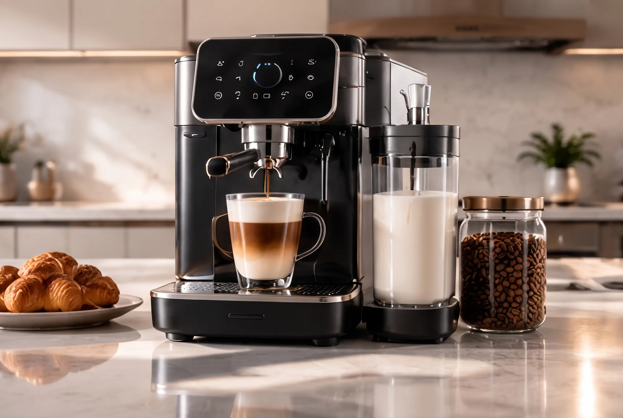 Cafetera espresso negra preparando un latte en una cocina de mármol junto a croissants